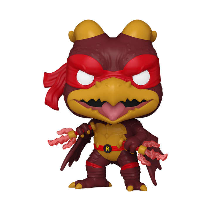 Toy figure with red and yellow mask and costume on a white background