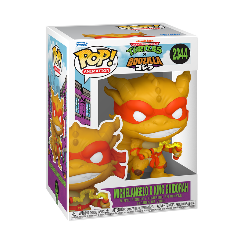 Funko Pop! vinyl figure packaging featuring Michelangelo from Teenage Mutant Ninja Turtles and King Ghidorah from Godzilla.