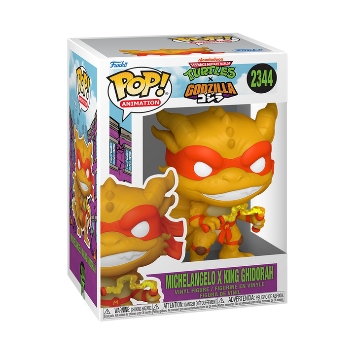 Funko Pop! vinyl figure packaging featuring Michelangelo from Teenage Mutant Ninja Turtles and King Ghidorah from Godzilla.