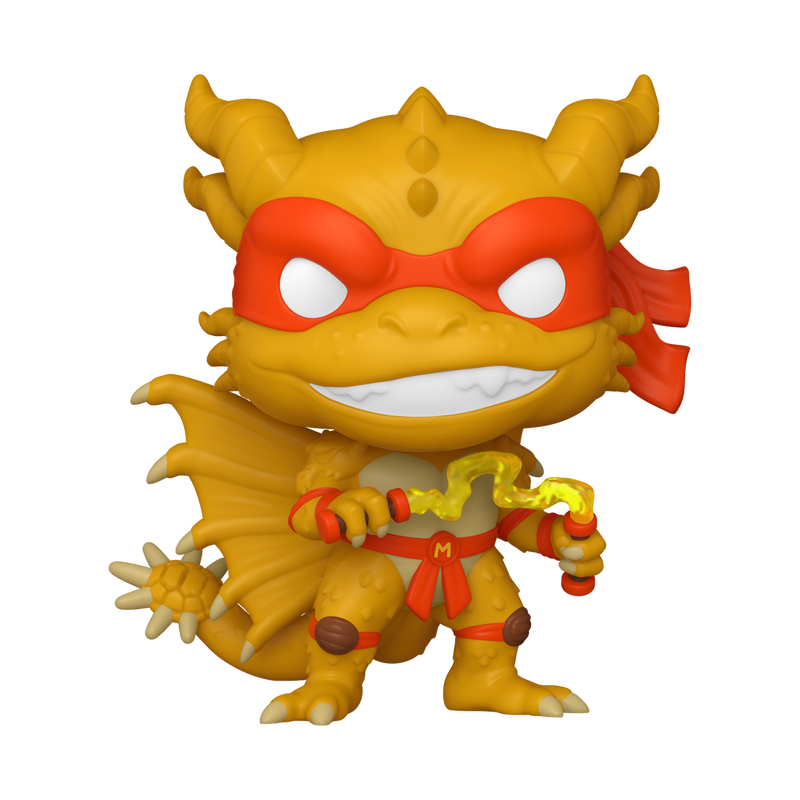 Toy figure with a red mask and yellow body on a white background