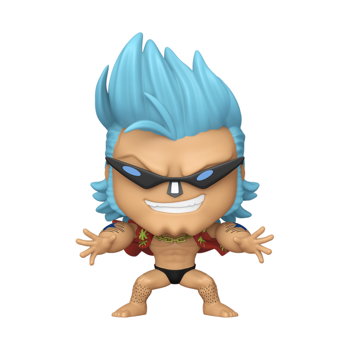 Action figure with blue hair and black sunglasses on a white background