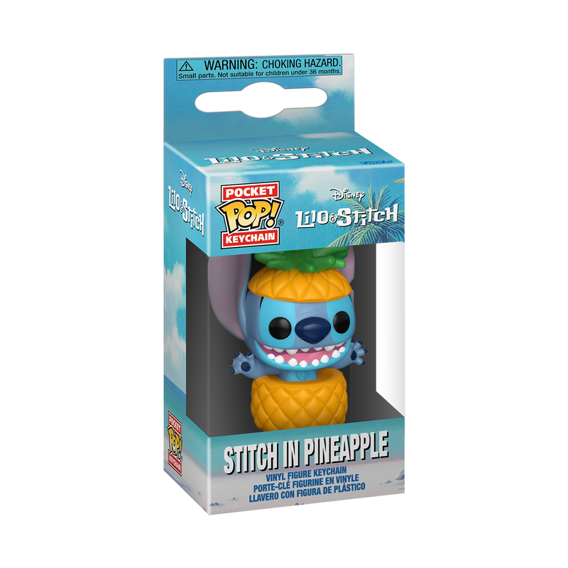 Packaged Disney Lilo & Stitch keychain in pineapple form on a white background