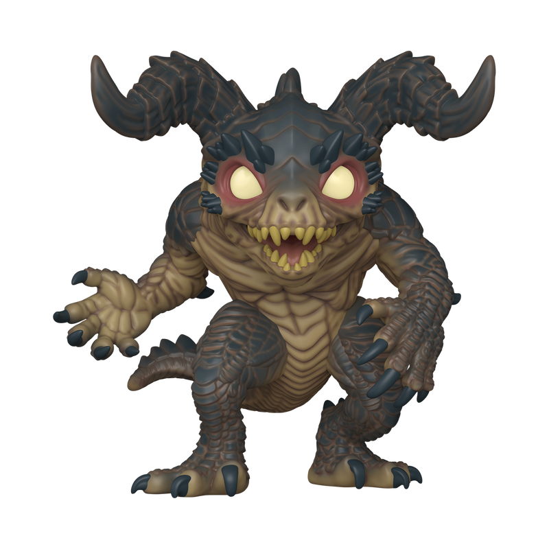 Monster figurine with large horns and glowing eyes on a white background