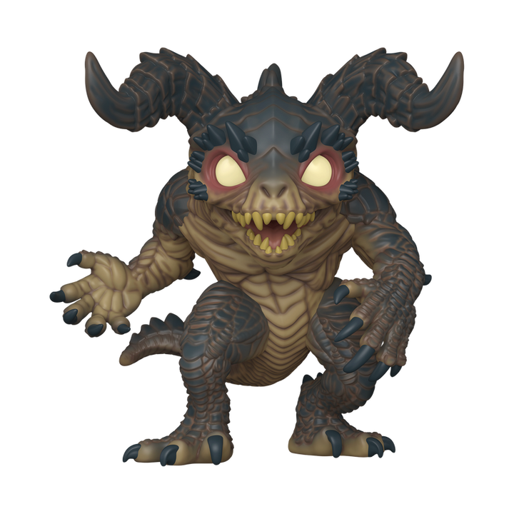 Monster figurine with large horns and glowing eyes on a white background