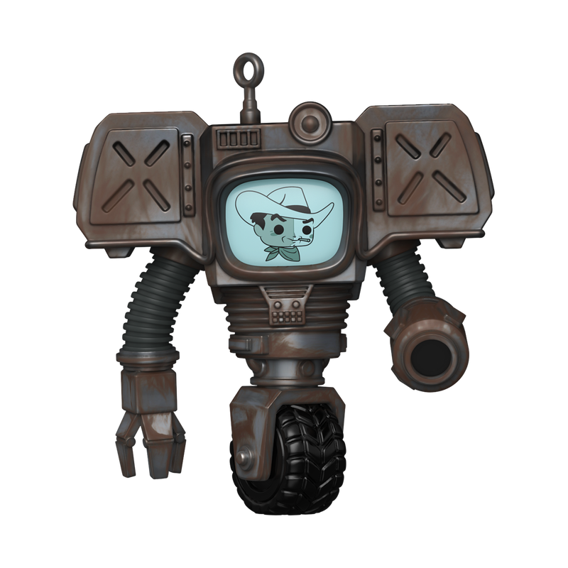 Toy robot with a screen displaying an animated character on a white background