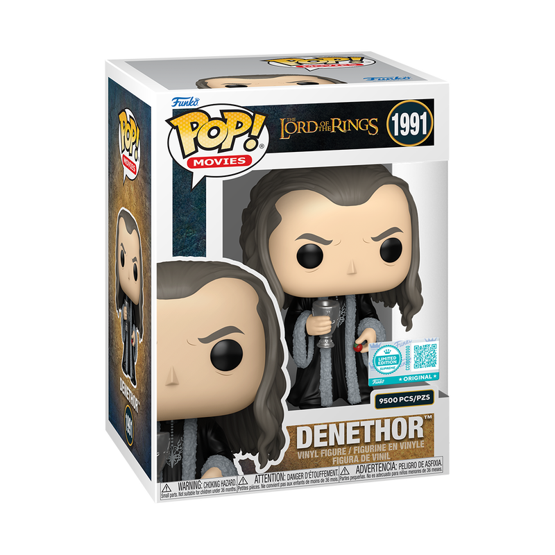 Funko Pop! vinyl figure packaging for Denethor from The Lord of the Rings with branding and product details.