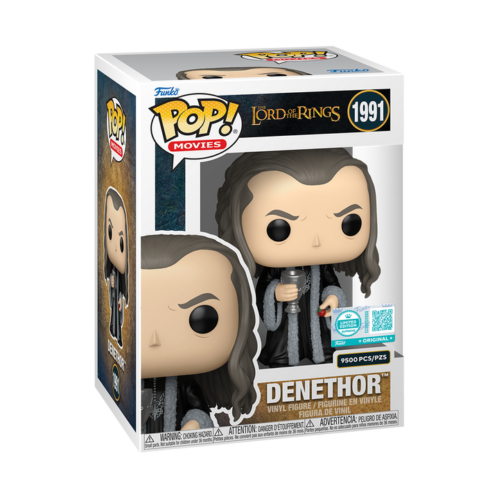 Funko Pop! vinyl figure packaging for Denethor from The Lord of the Rings with branding and product details.