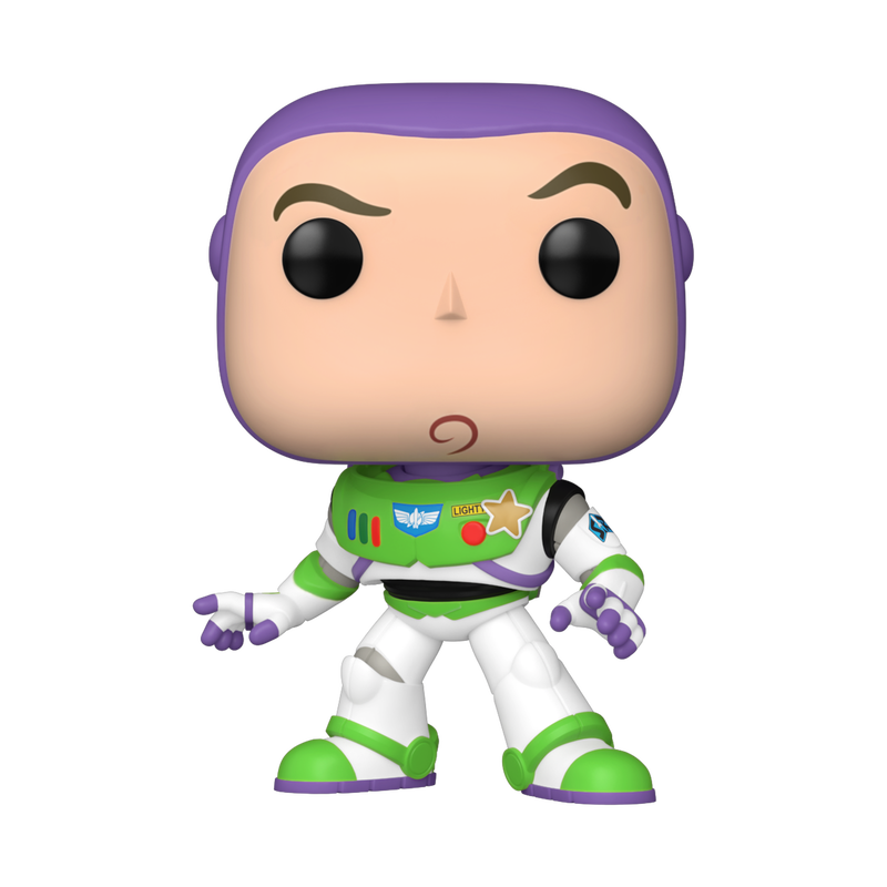 Buzz Lightyear action figure with purple hair on a white background