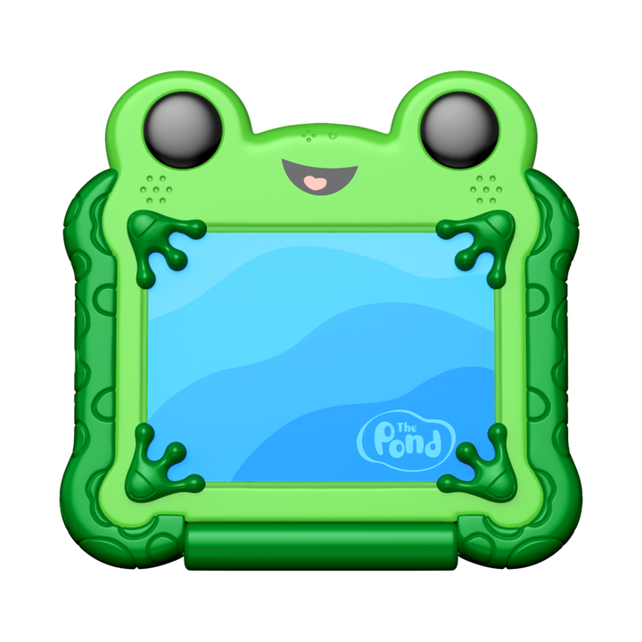 Green frog-shaped toy with a smiling face on a white background