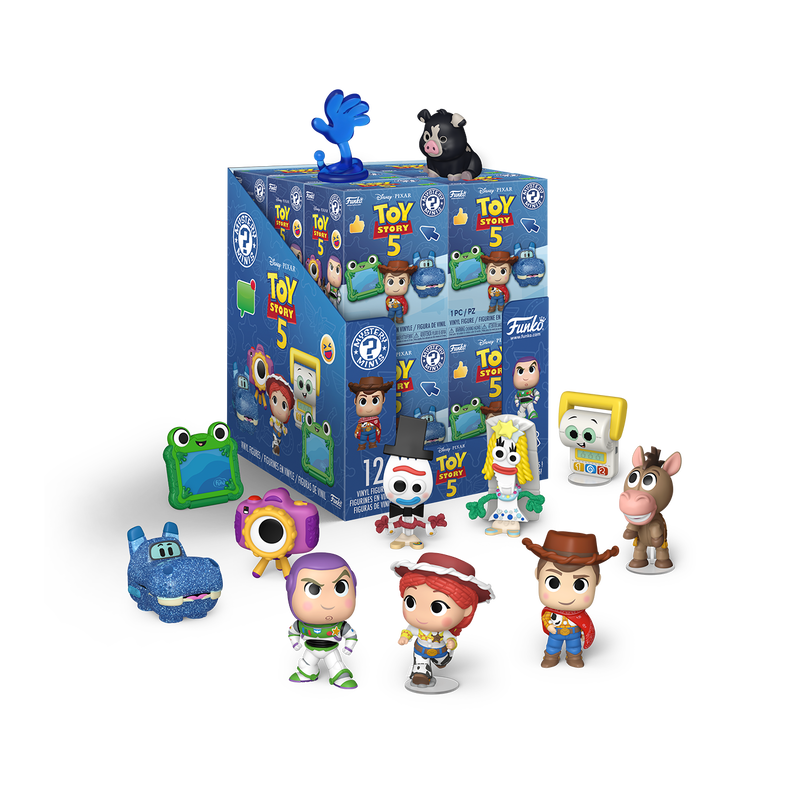Collection of 'Toy Story 5' themed figurines in front of their packaging on a white background
