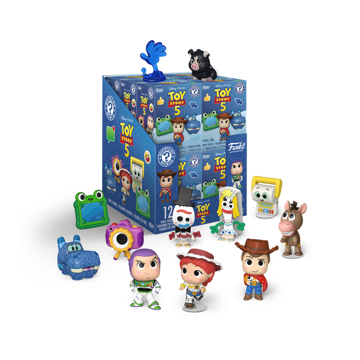 Collection of 'Toy Story 5' themed figurines in front of their packaging on a white background