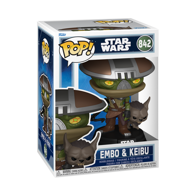Funko Pop! packaging for Star Wars figures Embo and Keibu with box design.