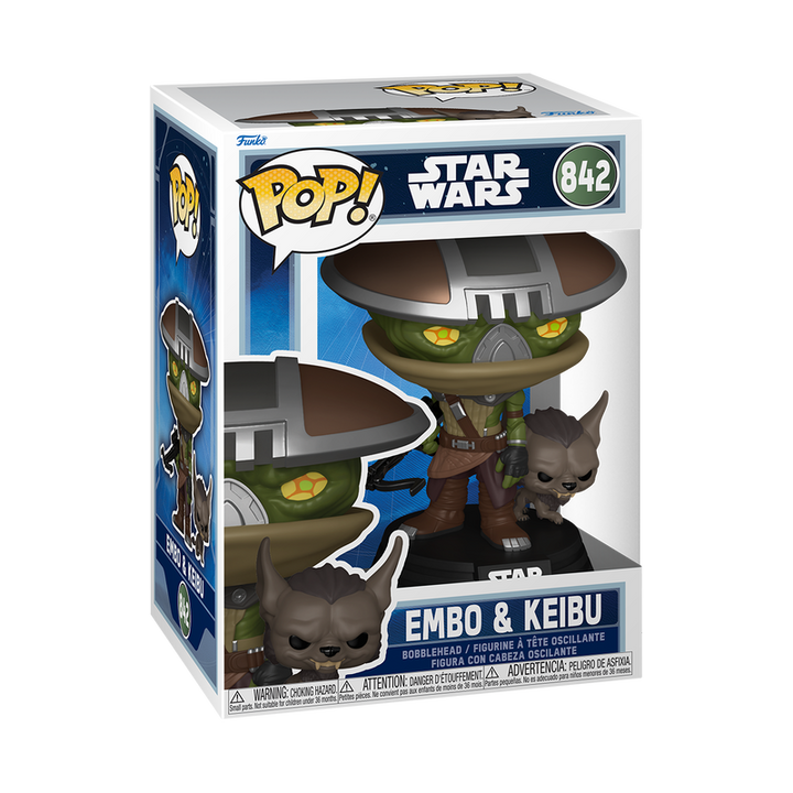 Funko Pop! packaging for Star Wars figures Embo and Keibu with box design.