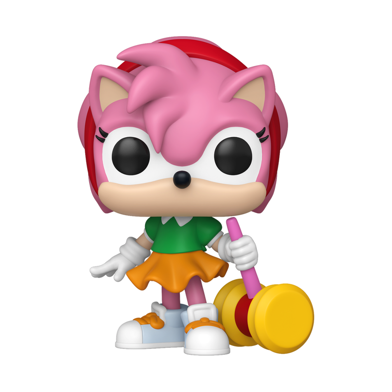 Colorful figurine of a character with pink hair and a yellow object on a white background