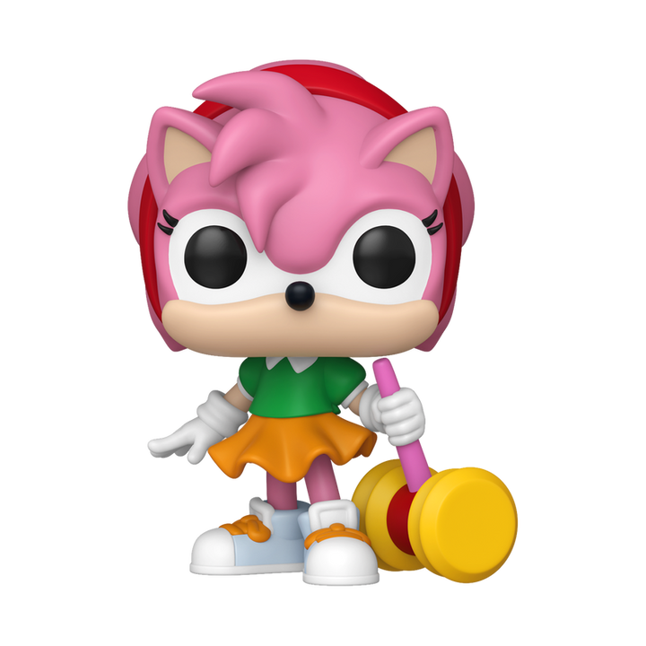 Colorful figurine of a character with pink hair and a yellow object on a white background