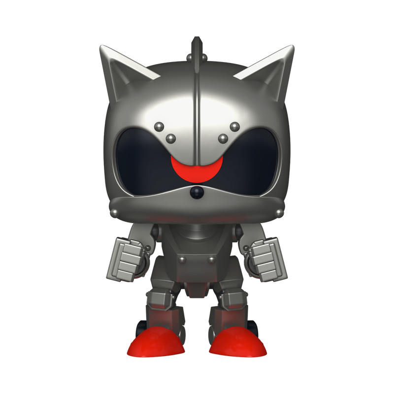 Metallic robot cat figure with red accents on a white background