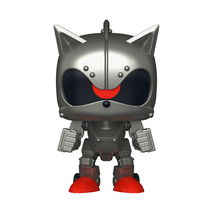 Metallic robot cat figure with red accents on a white background
