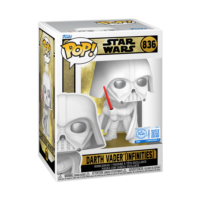 Funko Pop! packaging for Darth Vader figure from Star Wars, with gold and black design.