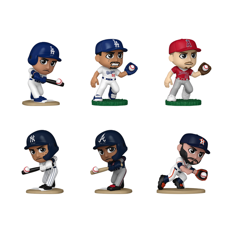 Set of six baseball player figurines in different poses and uniforms on a white background