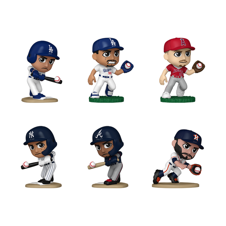 Set of six baseball player figurines in different poses and uniforms on a white background