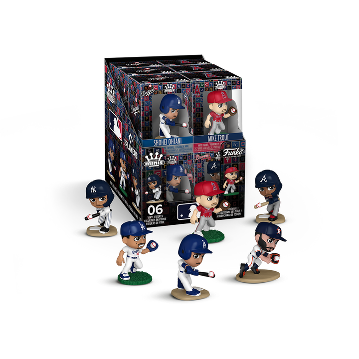 Collection of baseball figurines in front of their packaging on a white background