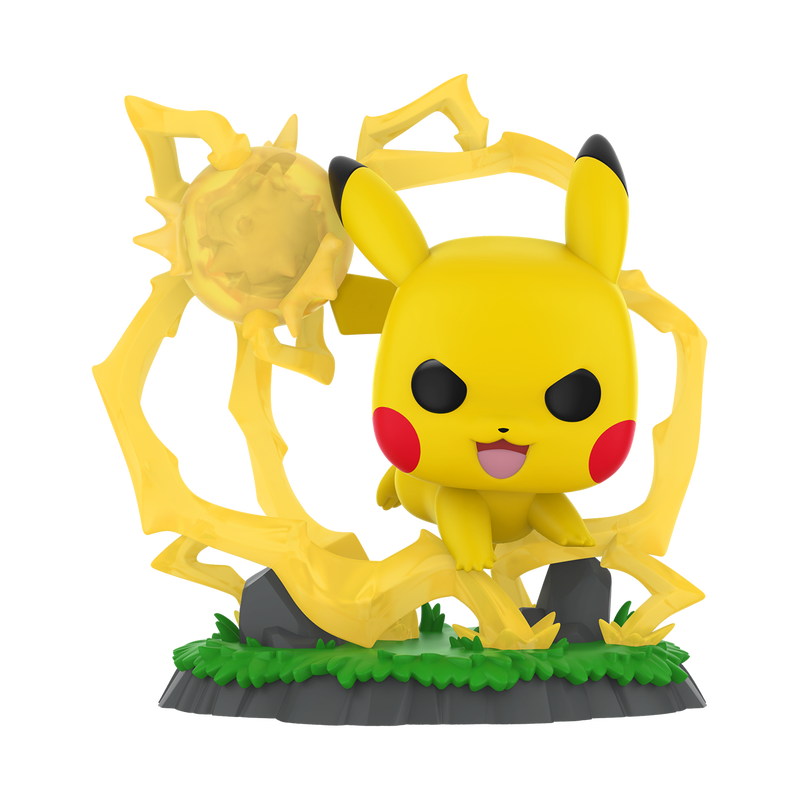 Yellow Pikachu figure with a sun-like background on a white background