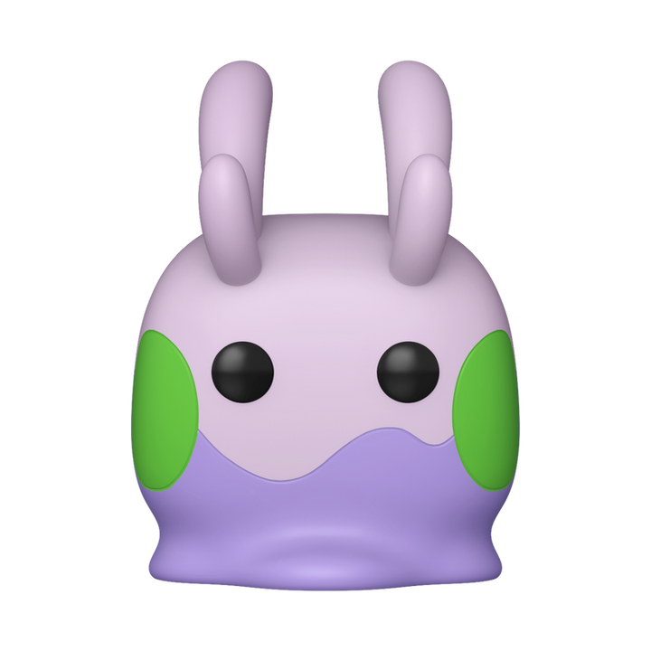 Purple cartoon character with green accents on a white background