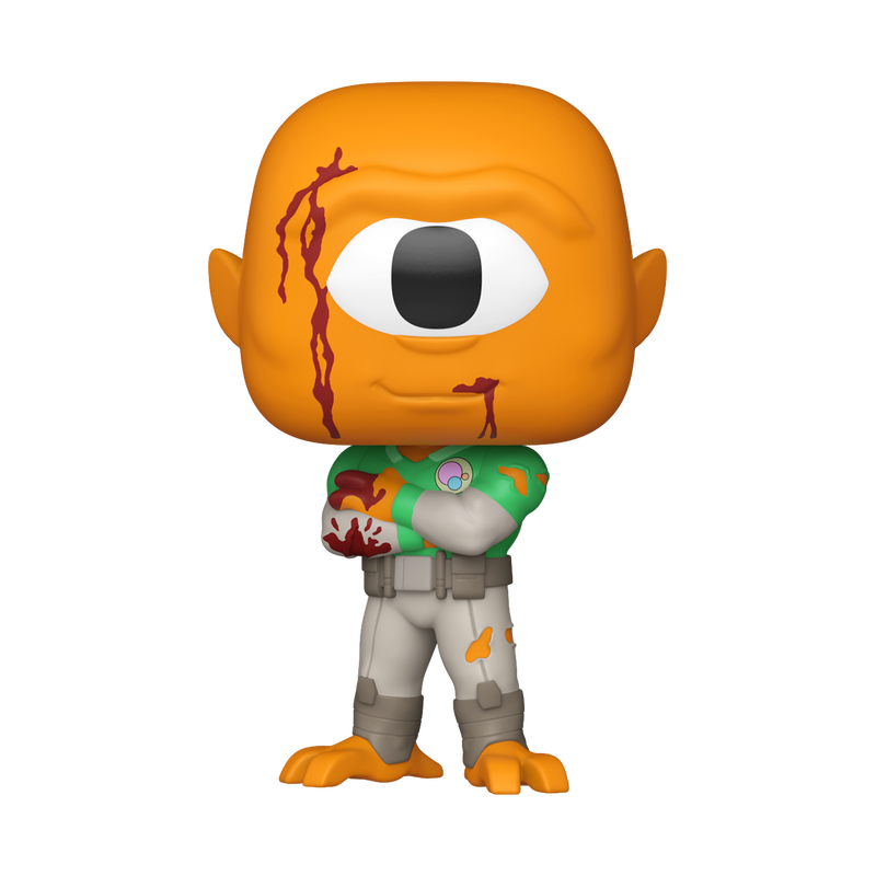 Orange-skinned character with one eye and a green shirt on a white background
