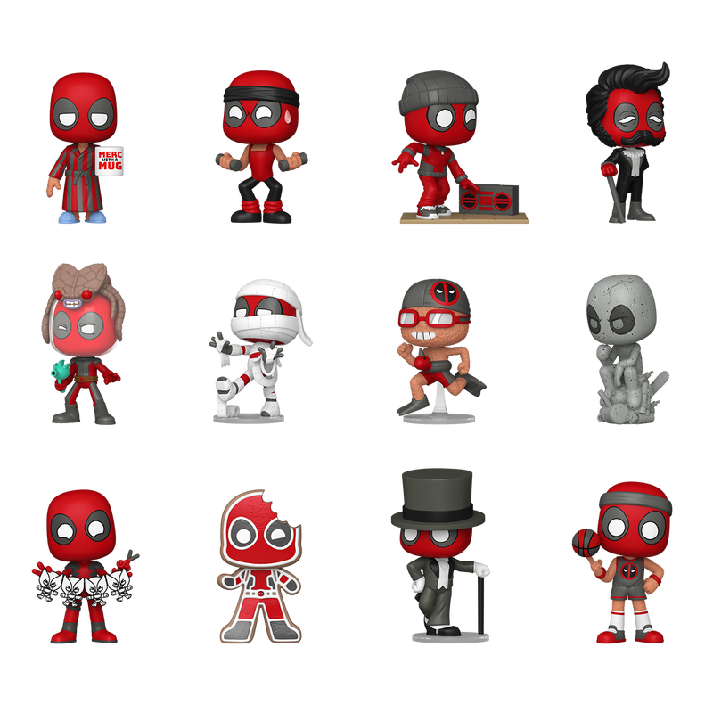 Collection of Deadpool action figures in various poses and costumes on a white background