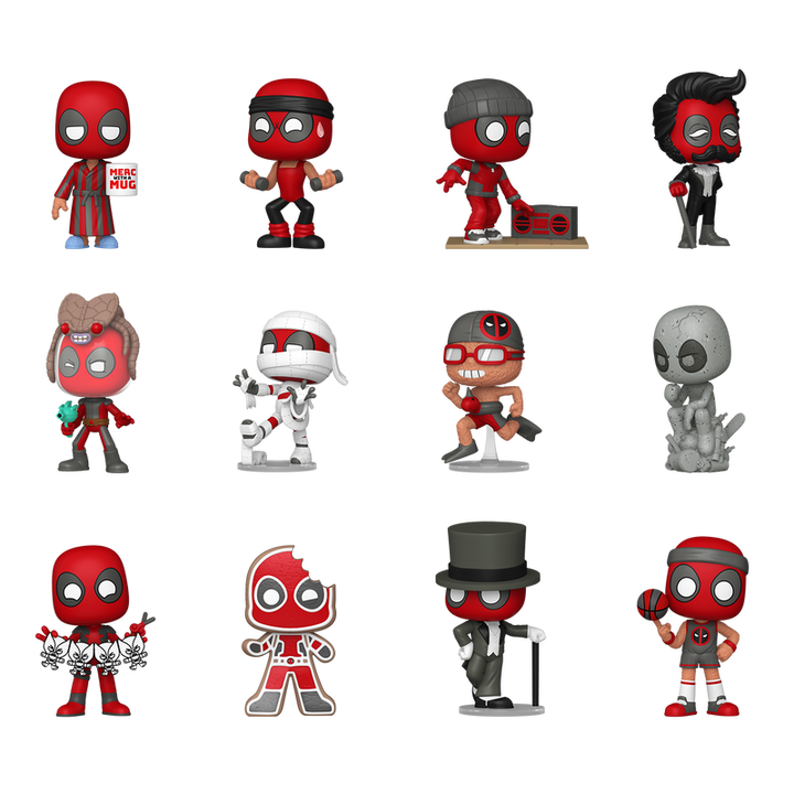 Collection of Deadpool action figures in various poses and costumes on a white background