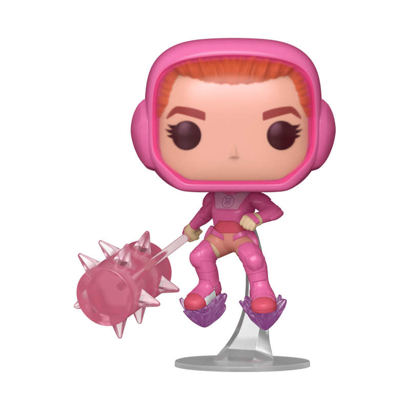 Pink superhero figurine with a weapon on a white background
