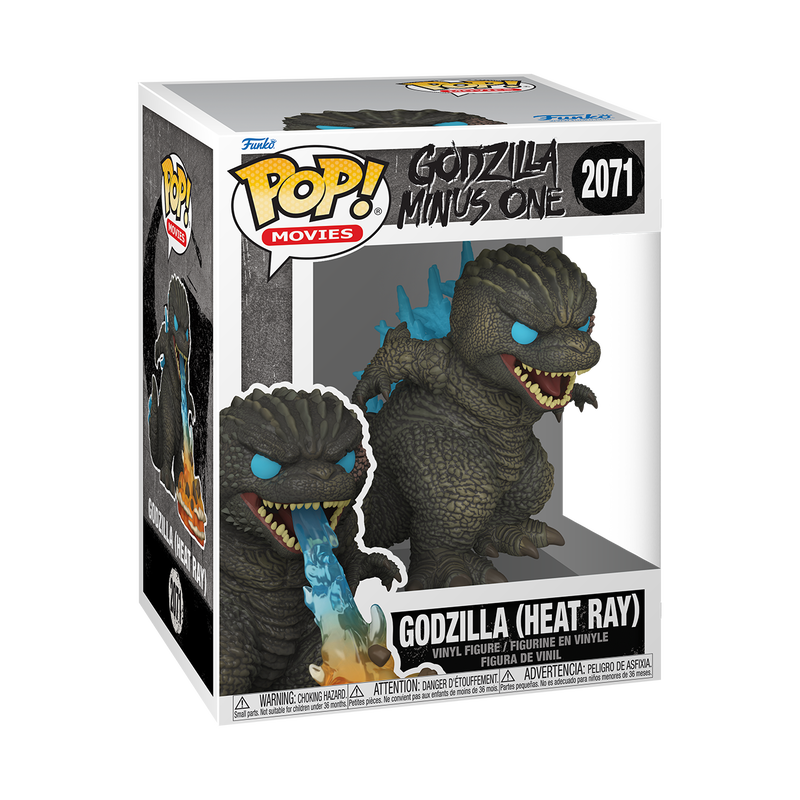 Funko Pop! vinyl figure packaging of Godzilla with heat ray, featuring the Funko logo and product details.