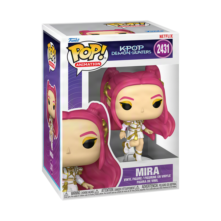 Funko Pop! vinyl figure packaging with pink hair and gold outfit on a white background