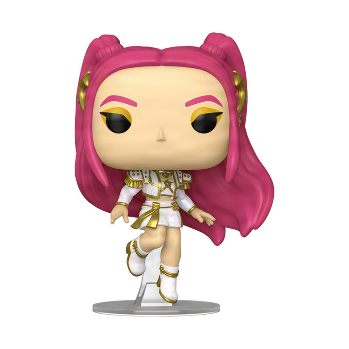 Funko Pop! vinyl figure with pink hair and white outfit on a white background