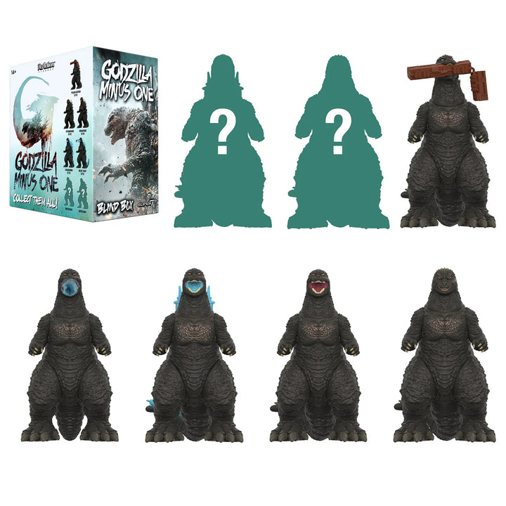 Collection of Godzilla figurines with a box and question mark silhouettes on a white background