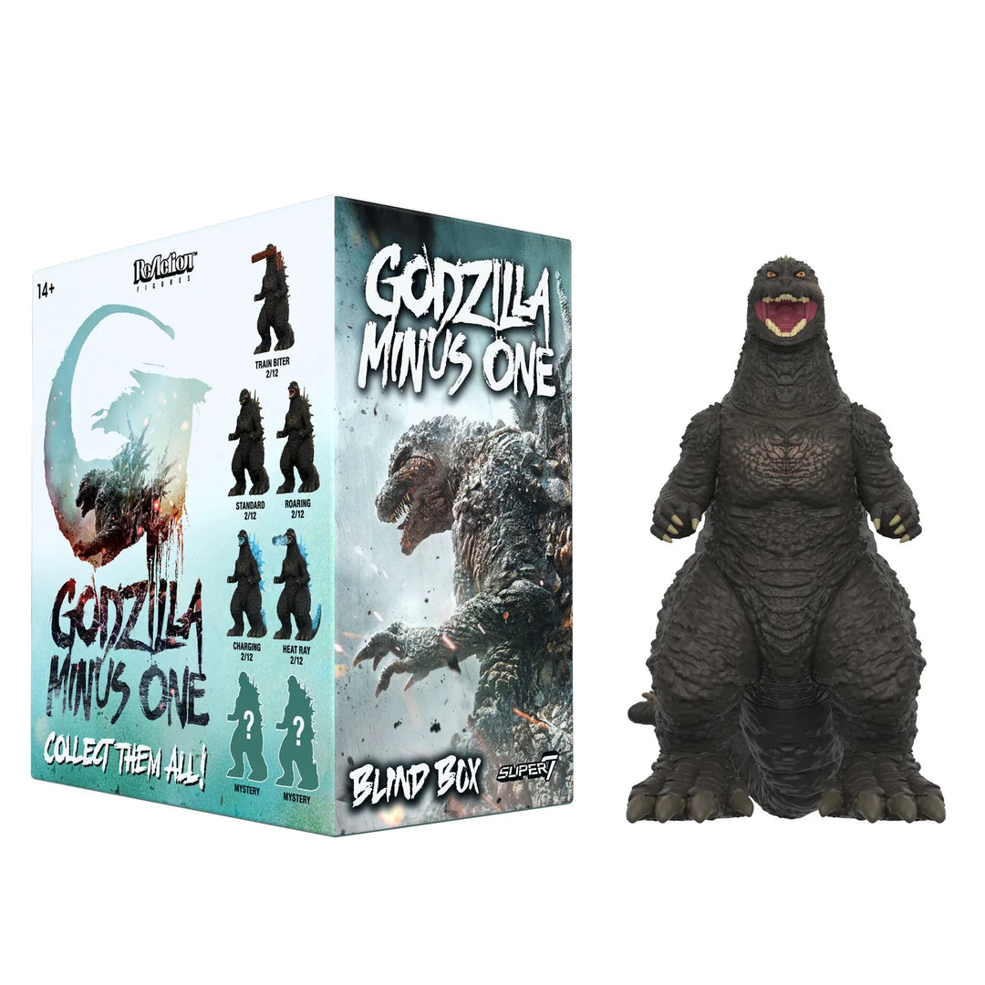 Godzilla figure next to its packaging with 'Godzilla Minus One' branding.
