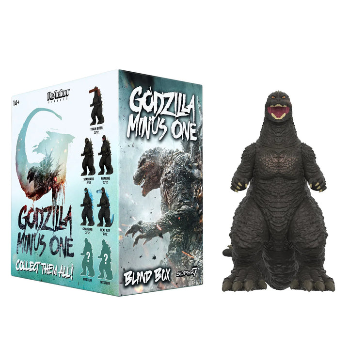 Godzilla figure next to its packaging with 'Godzilla Minus One' branding.