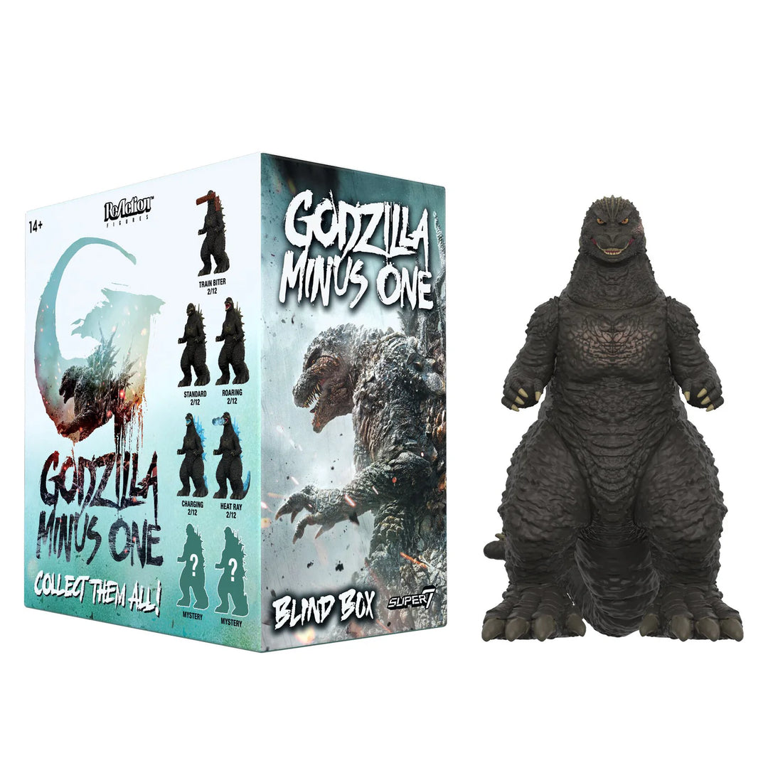 Godzilla figure next to its packaging with 'Godzilla Minus One' branding.