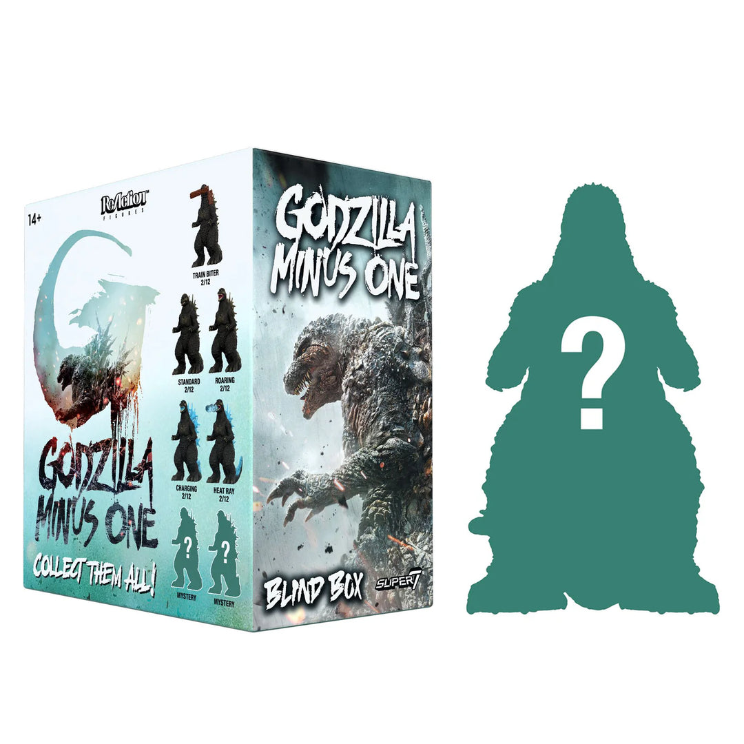 Godzilla Minus One blind box packaging with a silhouette of a figure with a question mark.