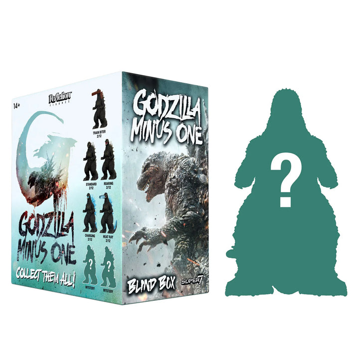 Godzilla Minus One blind box packaging with a silhouette of a figure with a question mark.