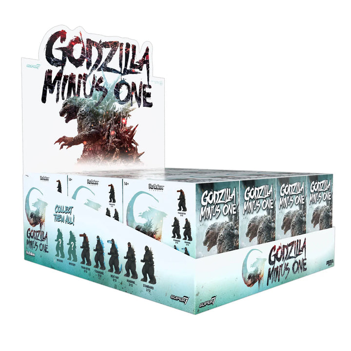 Display box for 'Godzilla Minus One' figurines with multiple figures and branding.