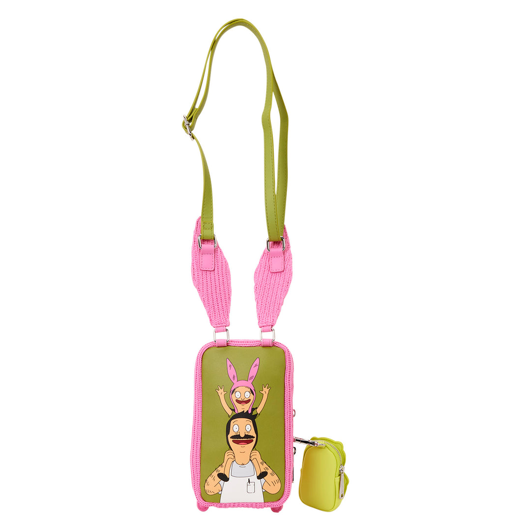 Phone case with a strap featuring cartoon characters on a white background