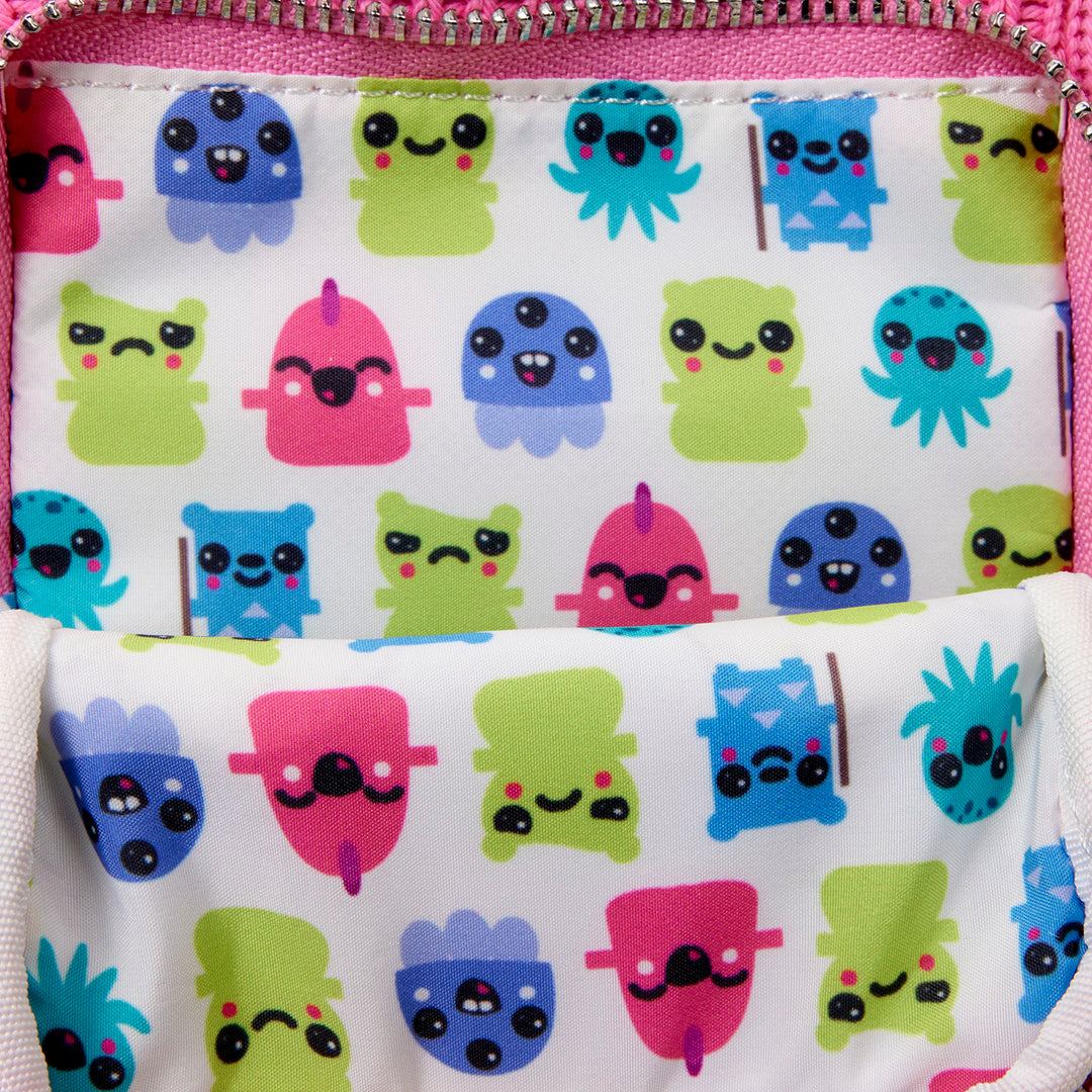 Close-up of a fabric with colorful cartoon octopus pattern on a white background.