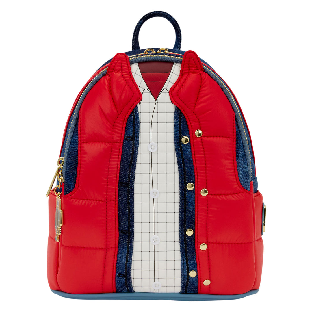 Backpack with a design resembling a red jacket, white shirt on a white background