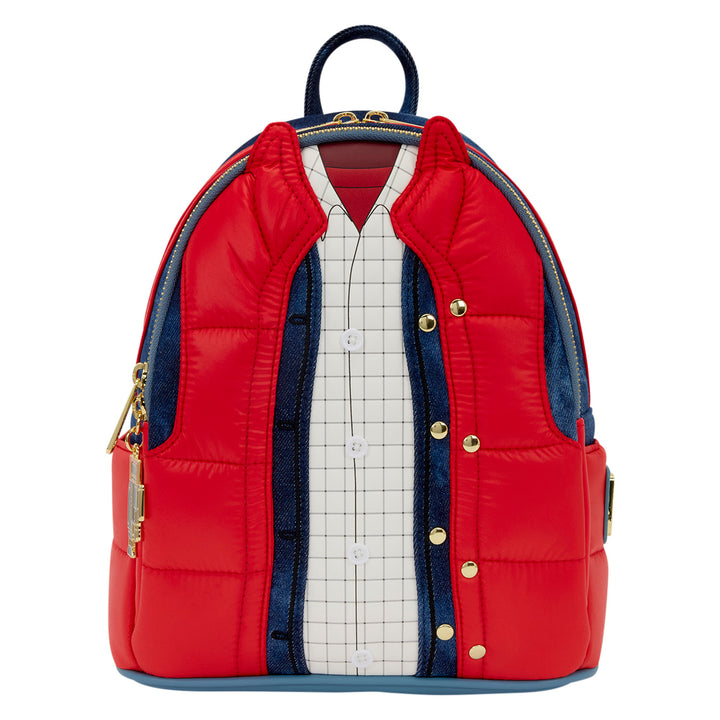 Backpack with a design resembling a red jacket, white shirt on a white background