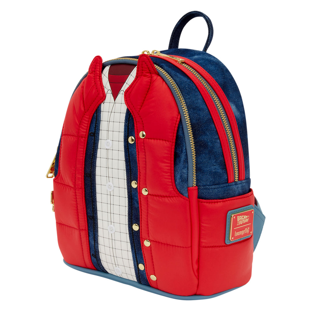 Backpack with red, white, and blue design on a white background