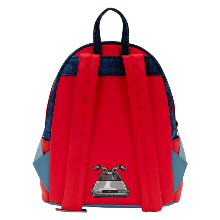 Red backpack with a car design on a white background