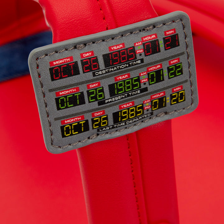 Digital display panel with time and date information on a red background
