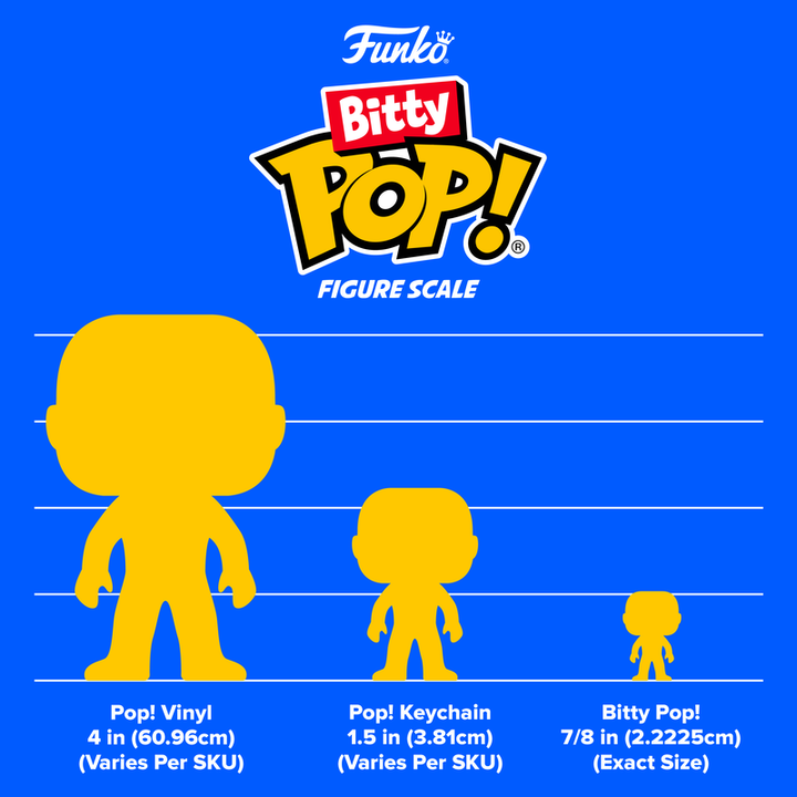 Funko Bitty Pop! figure scale chart on a blue background