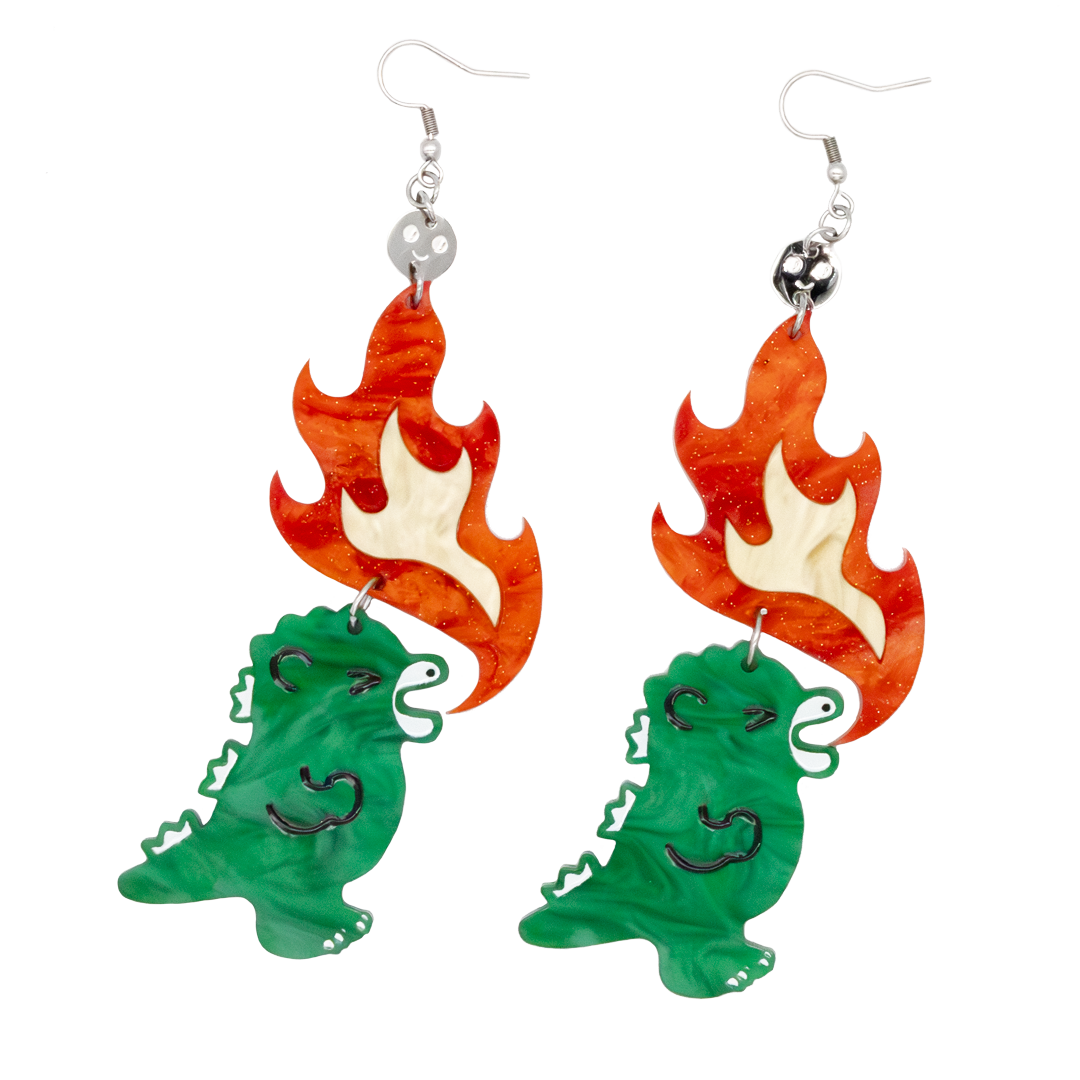 Whatever! Makes You Happy Chibi Godzilla Raids Again Breathing Fire Acrylic Earrings